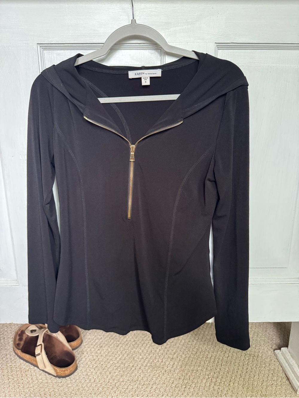 Karen Kane Black Half-Zip Hooded Top with Gold Hardware